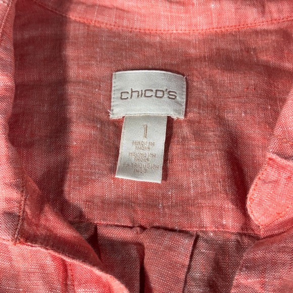 Chicos Women's Size 1 Linen Top Salmon Coral 3/4 Sleeve Button Down‎ Tunic - Picture 2 of 8